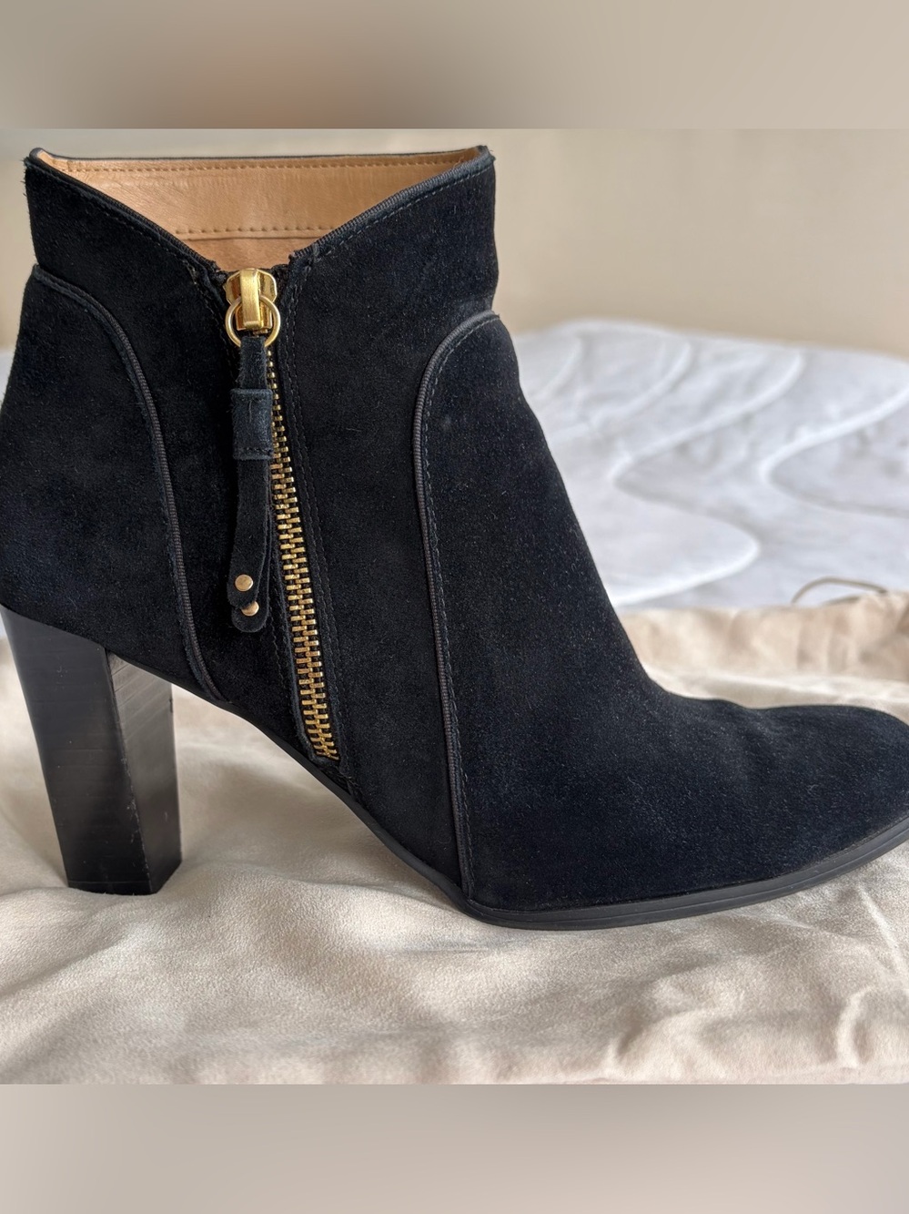 Adrienne Vittadini Black Suede Ankle Boot with Gold Zip Accent
